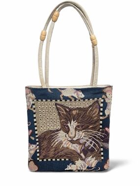 Vintage Cat Tapestry Shoulder Bag Expandable Zip Cottagecore Purse Cute